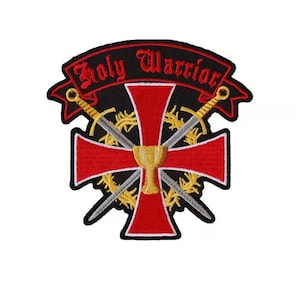 Choose Size HOLY WARRIOR Cross & Holy Grail 4&quot; or 12&quot; iron on back patch