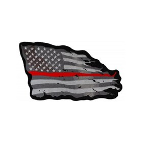THIN RED LINE Firefighter Tattered B&W American Flag 11.75&quot; x 7.5&quot; iron on patch (L08)