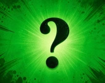 May include: A large, dark, solid question mark symbol centered against a vibrant, radiating green background. The background features light rays emanating from the center, with darker green, textured, and splattered edges.
