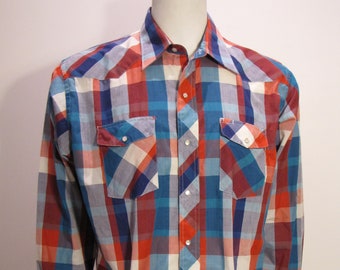 Camisa Wrangler vintage a cuadros roja, azul o azul y roja, ligera, de manga larga, con botones a presión de perlas