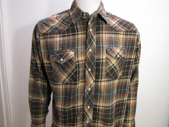 Vintage Wrangler – Plaid brown & brown with white… - image 2