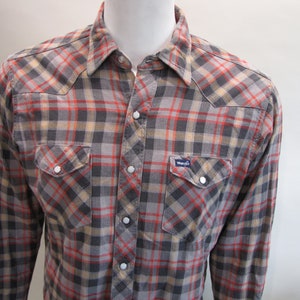 Vintage Western Wrangler Long Sleeve Pearl Snap Button Lightweight Flannel Shirt XL Tails