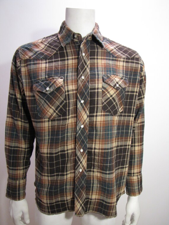 Vintage Wrangler – Plaid brown & brown with white… - image 1