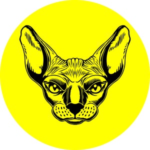 May include: A black and white illustration of a Sphynx cat's head, set against a bright yellow circular background. The cat has large ears, intense eyes, and detailed facial features. The design is bold and graphic.
