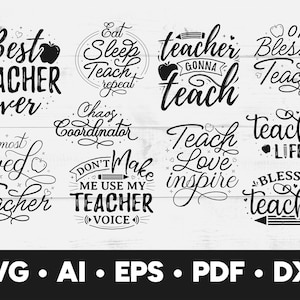 Paquete SVG de agradecimiento al maestro, 10 diseños: SVG para maestros, arte digital, clipart escolar, descarga instantánea, arte mural
