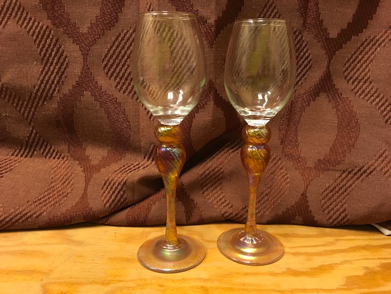 2 Clear Glass Wine Glasses with Tall Carnival Stems.