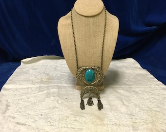Vintage Large Turquoise Glass Stone On Long Chain Necklace.