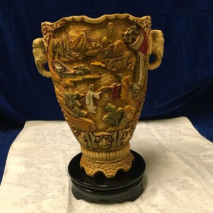 Vintage Asian-Oriental Carved Resin Vase on Wood Stand.