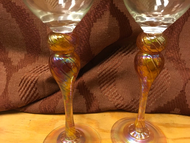 2 Clear Glass Wine Glasses with Tall Carnival Stems.
