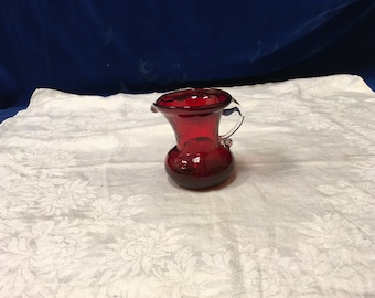 Vintage Small Handblown Ruby Red Glass Pitcher With Clear Handle.