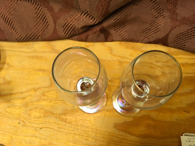 2 Clear Glass Wine Glasses with Tall Carnival Stems.