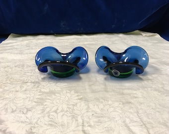 2 Vintage Small Murano Glass Blue And Green Bowls - Made In Italy