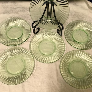 Vintage Anchor Hocking Vaseline Uranium “Spiral Green” Depression Glass Saucers. 1920-30’s.