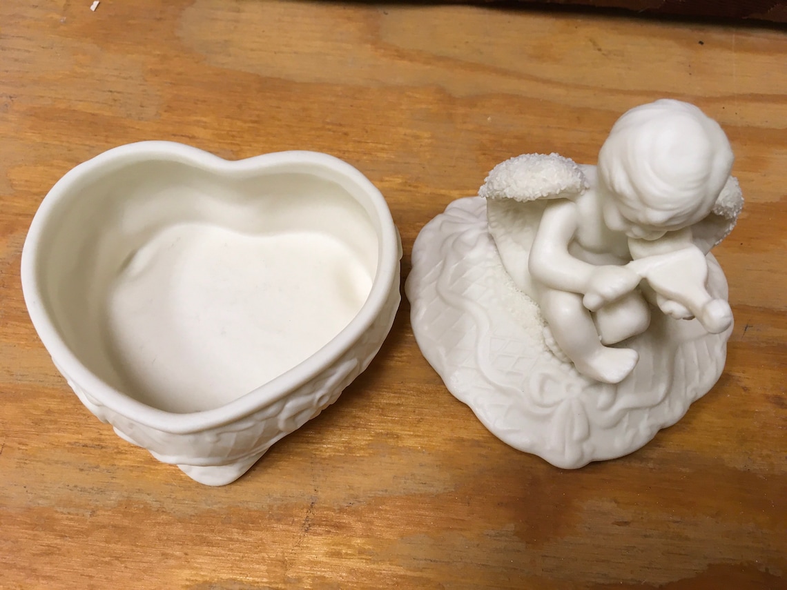 Heart Shaped Ceramic Bisque Trinket Box with an Angel on top Etsy