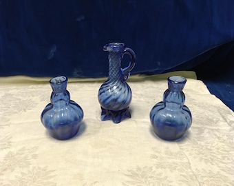 Three Vintage Cobalt Blue Small Vases - Mexico.