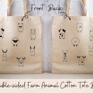 Double-sided Cute Farm Animals Front and Back Cotton Tote Bag. Option to Personalise.
