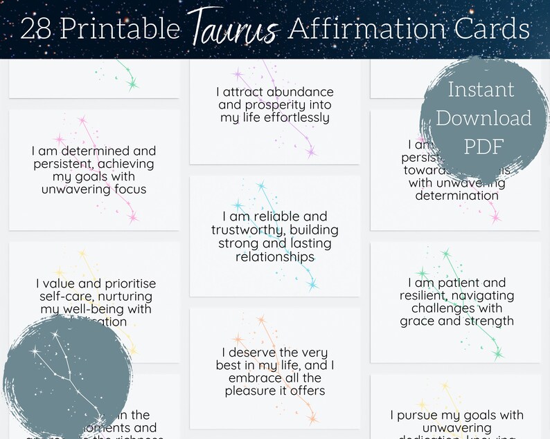 Taurus Positive Taurus Zodiac Affirmation Cards | Instant Download PDF A4 + US Letter ...