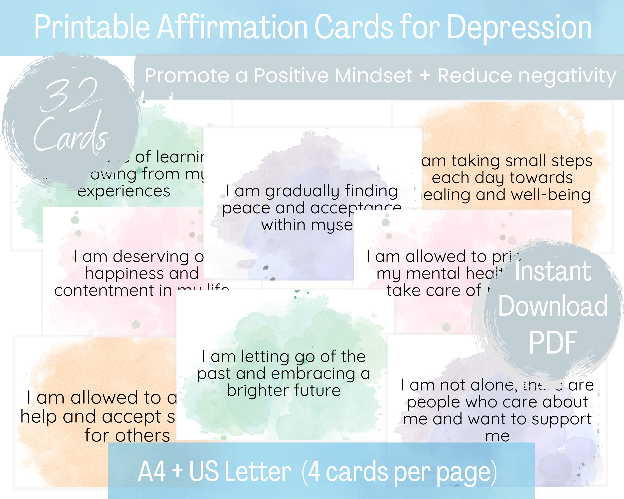 Positive Affirmation Cards for Depression| Instant Download | Print at Home | Simple easy to use | PDF | Positive Affirmations Mental Health