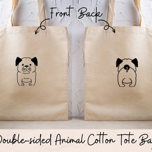 Animal Face &Back Cotton Tote Bag / Doble cara / Bolsa de compras 100% algodón / Elección de animales / Personalización opcional / Entrega gratuita