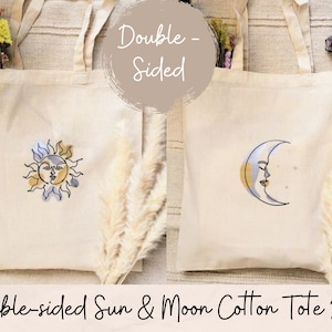 Double-sided Sun + Moon Cotton Tote Bag | Cotton Long-handled Shopping Bag | Sustainable | Optional Personalisation | Free Delivery