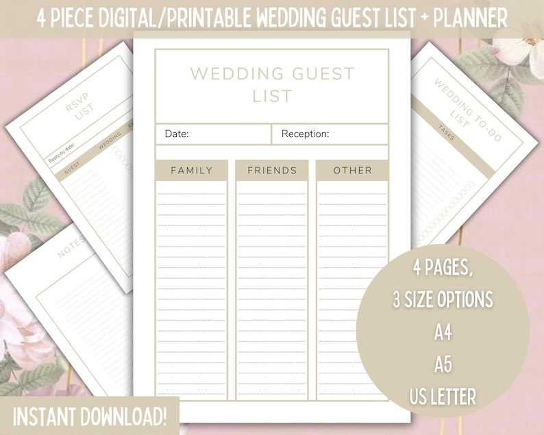 Digital Download Printable Wedding Guest List Planner. Simple - Etsy