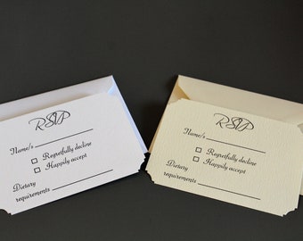 RSVP cards and envelopes. A7 White or Ivory. Can be personalised. Packs of 10