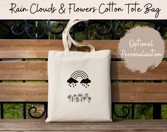 Flowers & Rainbow Cotton Tote Bag | 100% Cotton Shopping Bag | Eco-Friendly | Made-to-order | Optional Personalised Name | Free Delivery