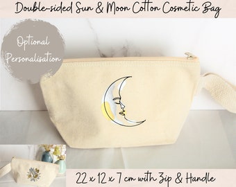 Double-Sided Sun & Moon Make up Toiletry Wash Bag with handle | 100% Organic Cotton | Sustainable | Optional Personalisation | Free Delivery