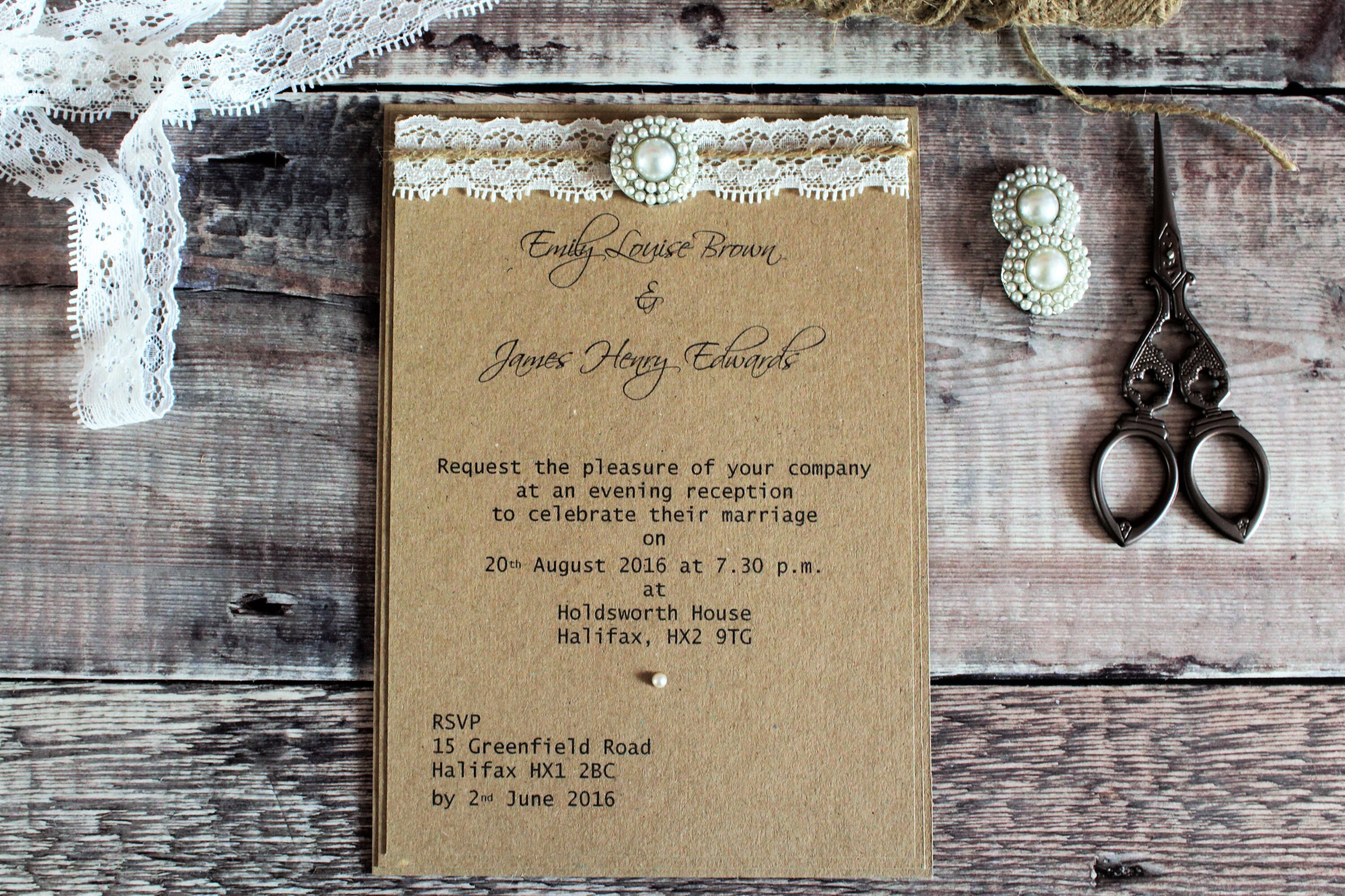 Eco Kraft Personalised Wedding/event Invitations With Lace, Twine ...