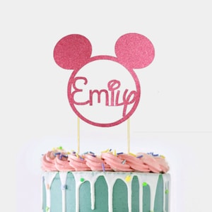 Disney Themed Personalised Cake Topper Metallic Mirror or Glitter | Mickey Ears | Kids Adults Fun cake topper Age/Name. Choice of Colours.