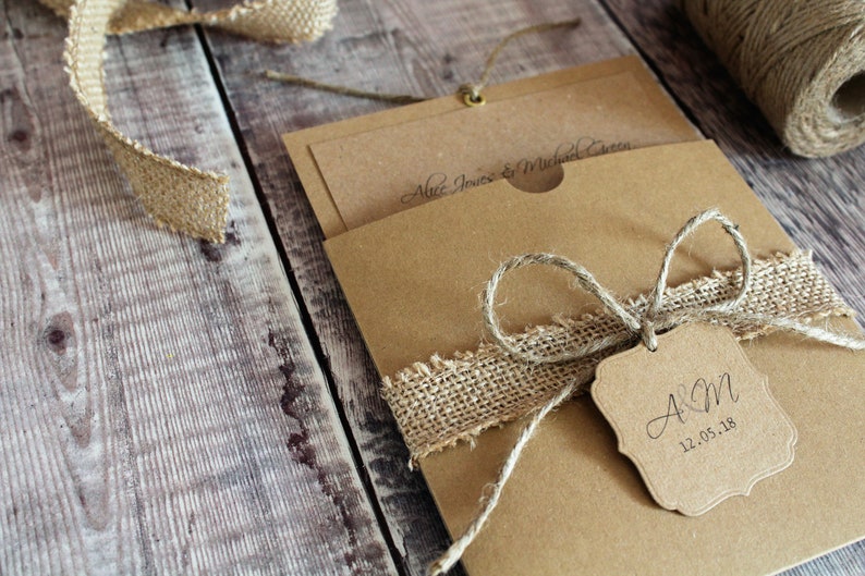twine burlap Personalised Kraft pocket wallet wedding invitation recycled card