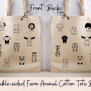Double-sided Cute Wild Animals Front and Back Cotton Tote Bag. Option to Personalise.