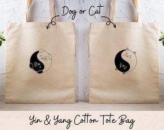 Yin & Yang Dogs or Cats Cotton Tote Bag | 100% Cotton Shopping Bag | Sustainable | Eco-Friendly | Optional Personalisation | Free Delivery