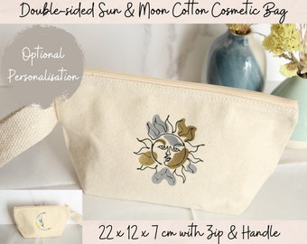 Double-Sided Sun & Moon Make up Toiletry Wash Bag with handle | 100% Organic Cotton | Sustainable | Optional Personalisation | Free Delivery
