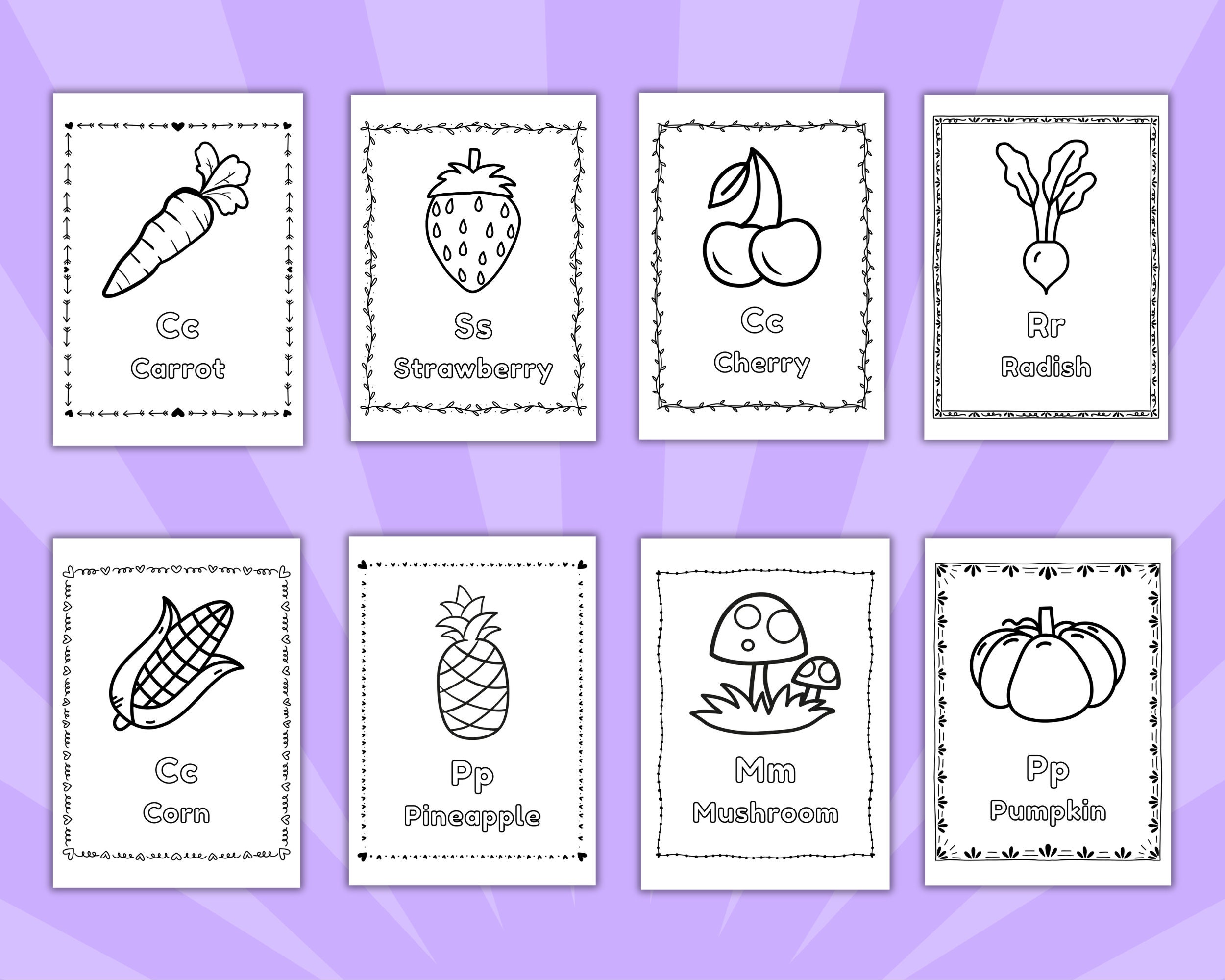 Color and spell fruit and veggie names.