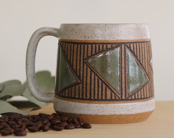 Handmade Ceramic Mug, Geometric Design, Wheel Thrown, Hand Painted and Carved Mug for Coffee or Tea Lovers, Unique Gift