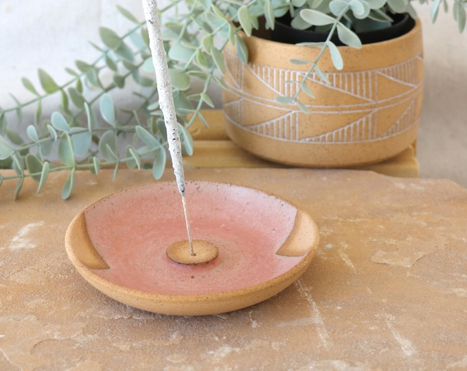 Handmade Ceramic Incense Dish, Geometric Design, Wheel Thrown, Hand Painted, Sage Smudge Dish, Pink Incense Holder, Unique Gift, Pottery
