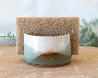 Handmade Ceramic Sponge Holder: Blended Green Glazes, Kitchen Organization
