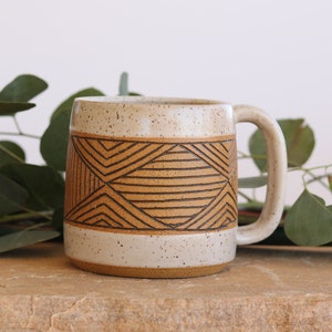 Handmade Ceramic Mug, Geometric Design, Wheel Thrown, Hand Painted and Carved Mug for Coffee or Tea Lovers, Unique Gift