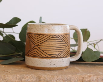 Handmade Ceramic Mug, Geometric Design, Wheel Thrown, Hand Painted and Carved Mug for Coffee or Tea Lovers, Unique Gift