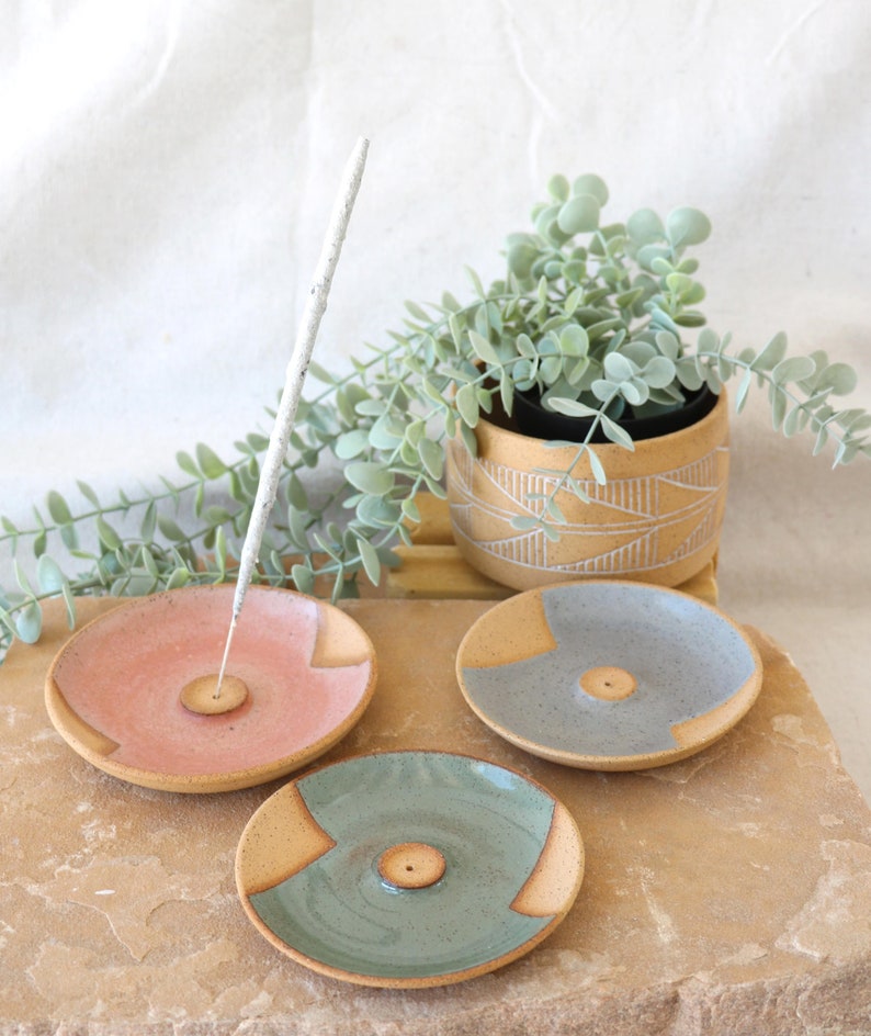 Handmade Ceramic Incense Dish, Geometric Design, Wheel Thrown, Hand Painted, Sage Smudge Dish, Blue Incense Holder, Unique Gift, Pottery image 6