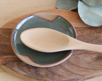 Handmade Ceramic Spoon Rest, Geometric Design, Wheel Thrown, Hand Painted, Sage Dish, Smudge Dish, Green Spoon Rest, Unique Gift, Pottery