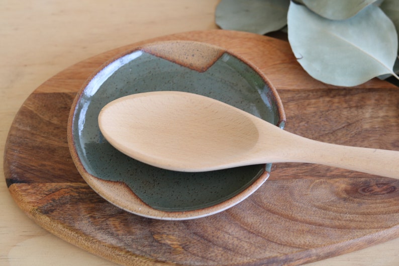 Handmade Ceramic Spoon Rest, Geometric Design, Wheel Thrown, Hand Painted, Sage Dish, Smudge Dish, Green Spoon Rest, Unique Gift, Pottery image 1