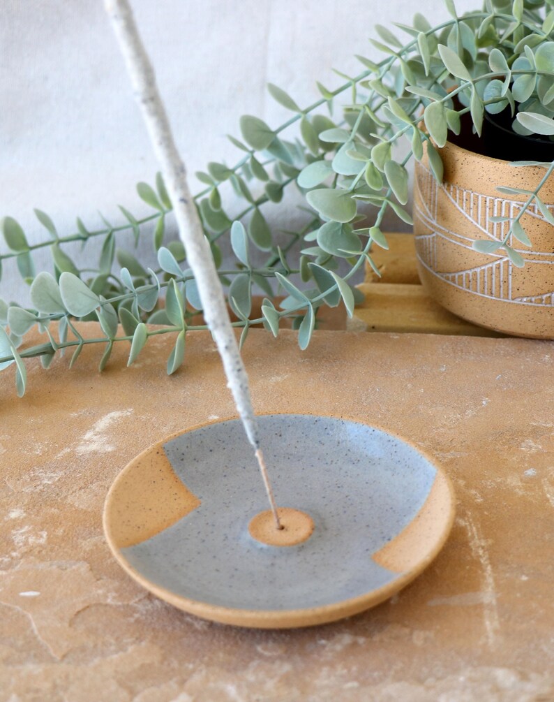 Handmade Ceramic Incense Dish, Geometric Design, Wheel Thrown, Hand Painted, Sage Smudge Dish, Blue Incense Holder, Unique Gift, Pottery image 2