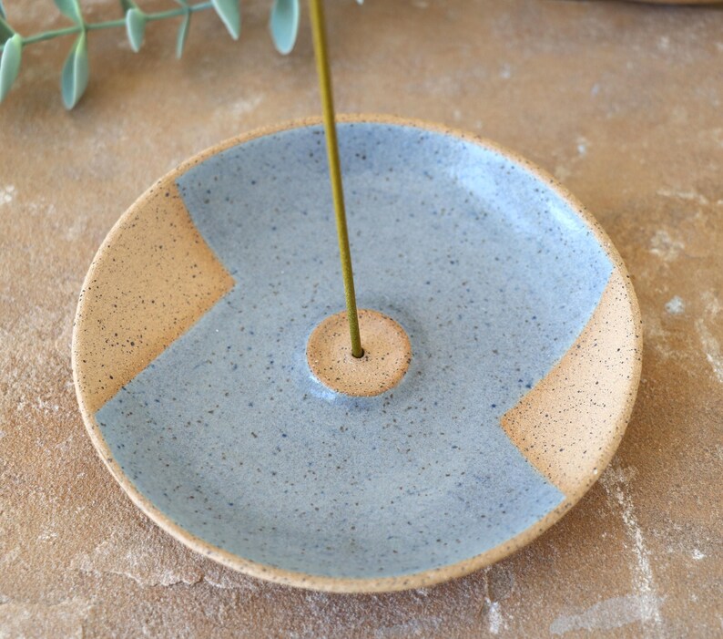 Handmade Ceramic Incense Dish, Geometric Design, Wheel Thrown, Hand Painted, Sage Smudge Dish, Blue Incense Holder, Unique Gift, Pottery image 1