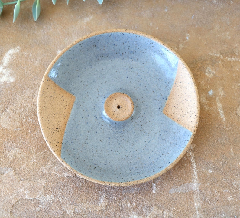 Handmade Ceramic Incense Dish, Geometric Design, Wheel Thrown, Hand Painted, Sage Smudge Dish, Blue Incense Holder, Unique Gift, Pottery image 4