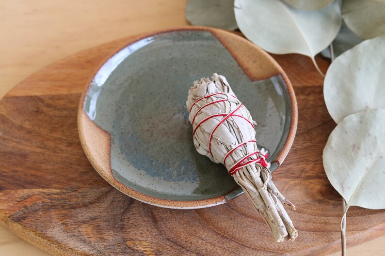 Handmade Ceramic Spoon Rest, Geometric Design, Wheel Thrown, Hand Painted, Sage Dish, Smudge Dish, Green Spoon Rest, Unique Gift, Pottery image 3