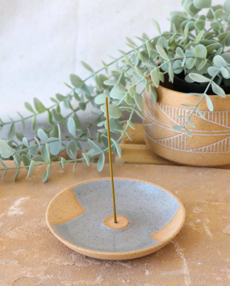 Handmade Ceramic Incense Dish, Geometric Design, Wheel Thrown, Hand Painted, Sage Smudge Dish, Blue Incense Holder, Unique Gift, Pottery image 5