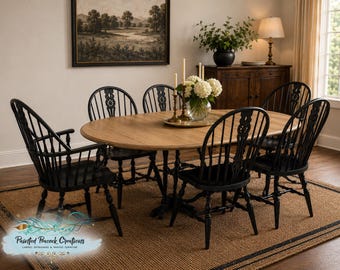 Kling Oak Pedestal Dining Table, 6 Knob Creek Windsor Chairs, Farmhouse Style Set