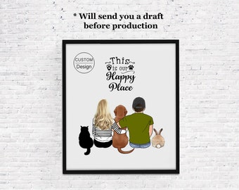 Custom Family Portrait, Custom Pet Illustration, Paper Print, Digital Print, Room Decoration